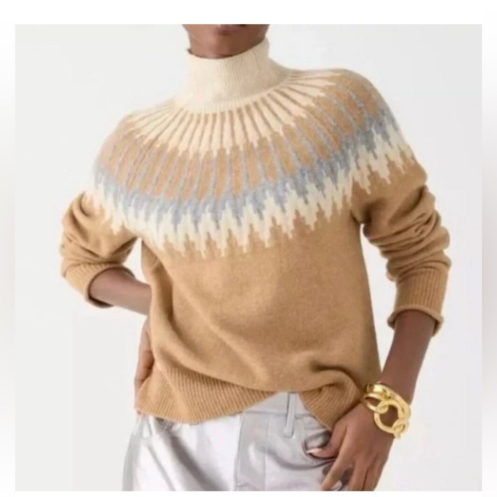 J. CREW Sz Large Fair Isle Mock Neck Sweater Supersoft Yarn Wool Camel Blue EUC